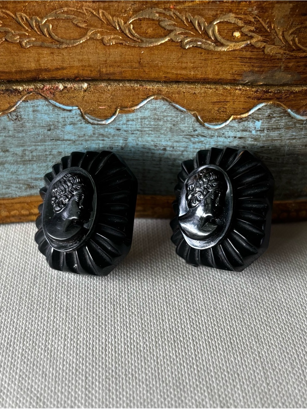 Vintage Black Carved  Bakelite & Celluloid Cameo Screwback Earrings